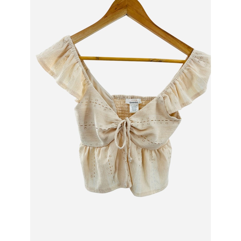Urban Romantics XS Cream Tie Front Ruffle Sleeve Eyelet Peplum Top‎